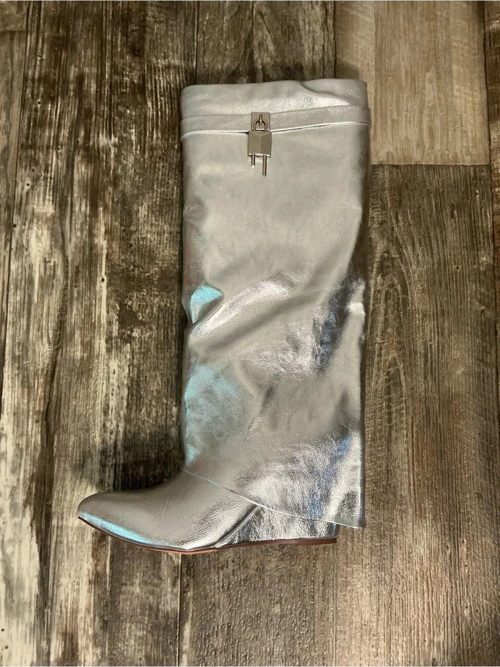 NWOB Fashion Nova Metallic Silver Knee-High Wedge Boots Size 9